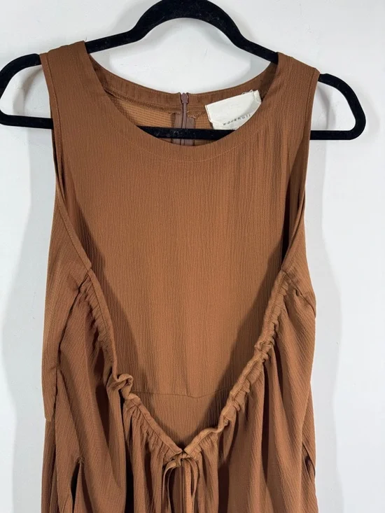 Workhall Brown Sleeveless Relaxed Fit Jumpsuit Tie Waist Wide Leg Minimalist - Picture 3 of 16
